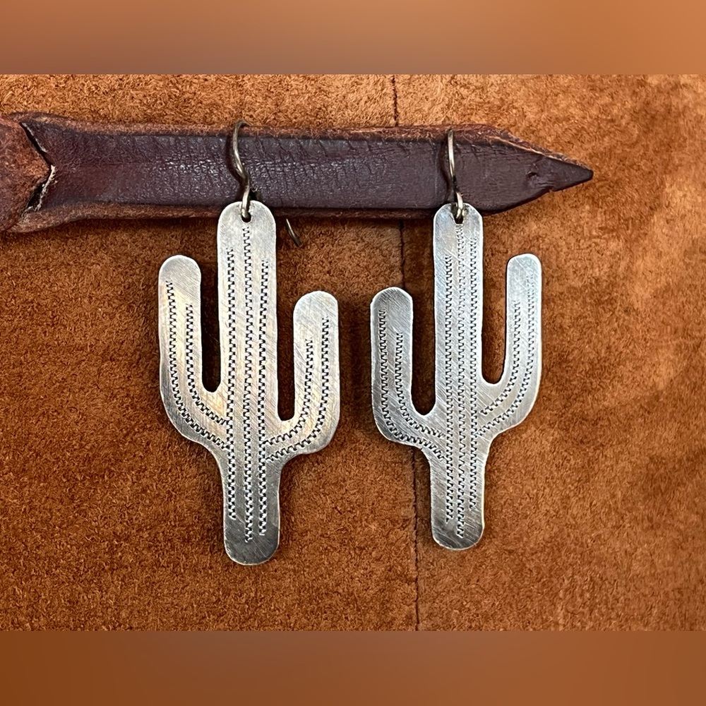 Nevada Watt Maker Engraved Sterling Silver Cactus Earrings